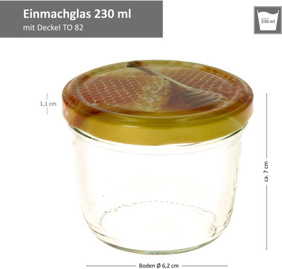 Glazen pot van 230ml met honingraatdeksel, met afmetingen.