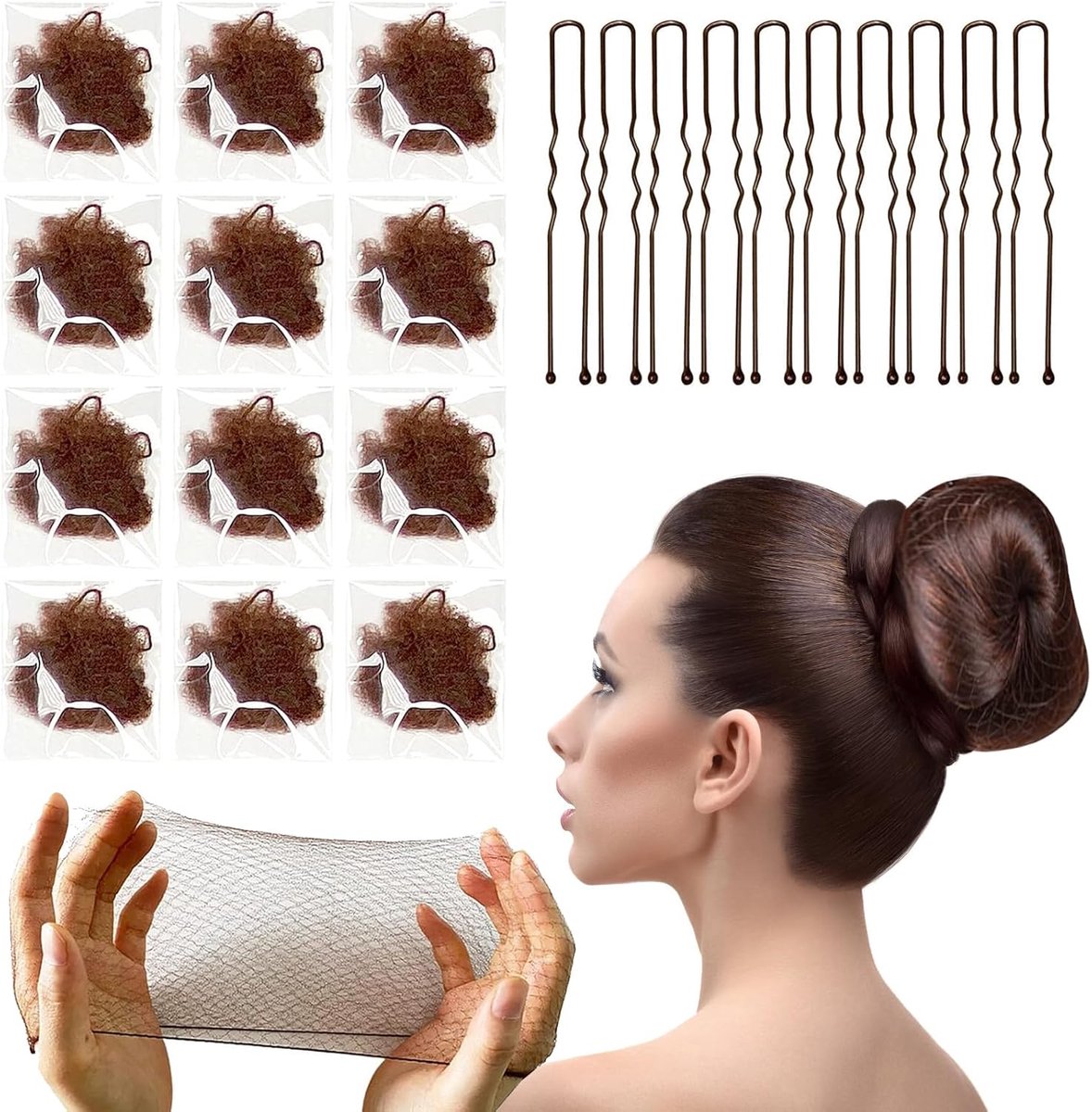 Onzichtbare haarnetjes en U-vormige haarspelden - 30 stuks - bruin - voor dans en catering