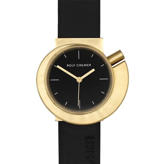 Rolf Cremer Spirale II S horloge met zwarte wijzerplaat, gouden kast en zwarte band.