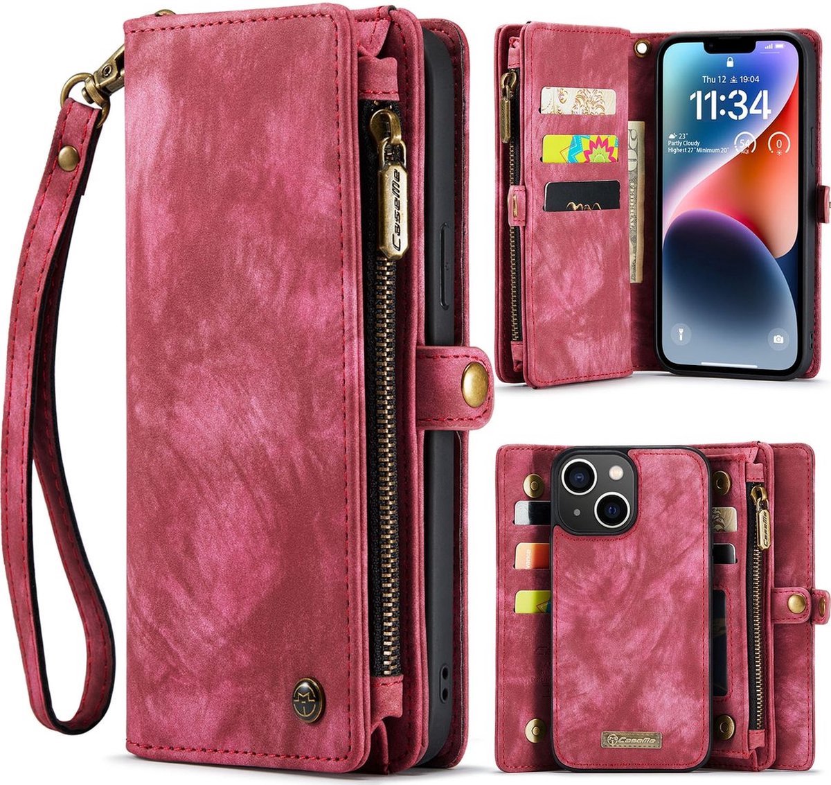 Telefoonhoesje geschikt voor Apple iPhone 14 Hoesje Uitneembare 2in1 Bookcase Portemonnee - Rood