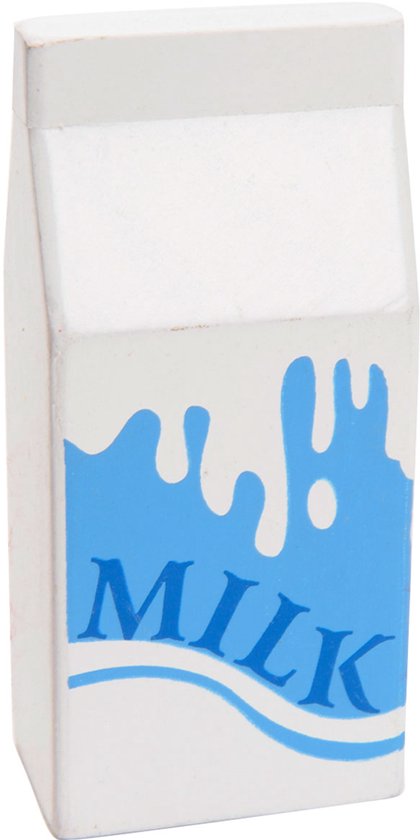 Wit melkpak van hout met blauwe "MILK" belettering en melkdruppels.