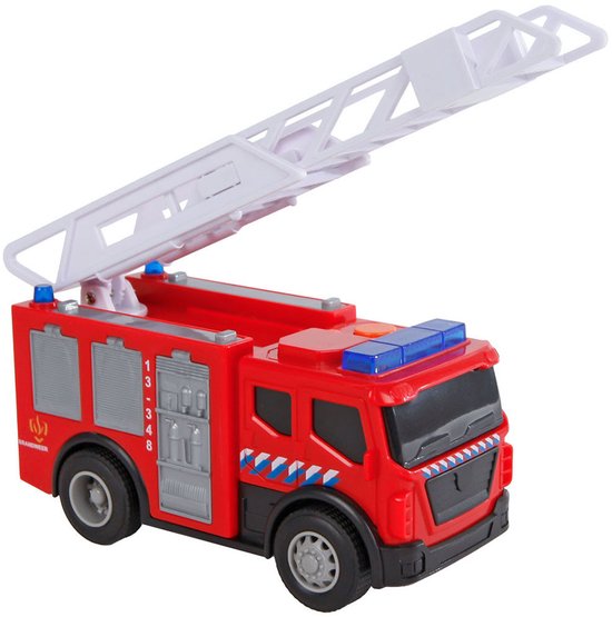 Rode brandweerauto met witte ladder, blauwe zwaailichten en grijze details. Met licht en geluid.