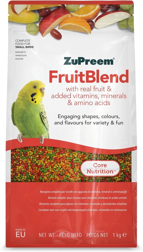 ZuPreem FruitBlend vogelvoer met stukjes fruit en kleurrijke brokjes.