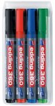 Verpakking met vier edding 360 board markers: zwart, rood, blauw en groen.