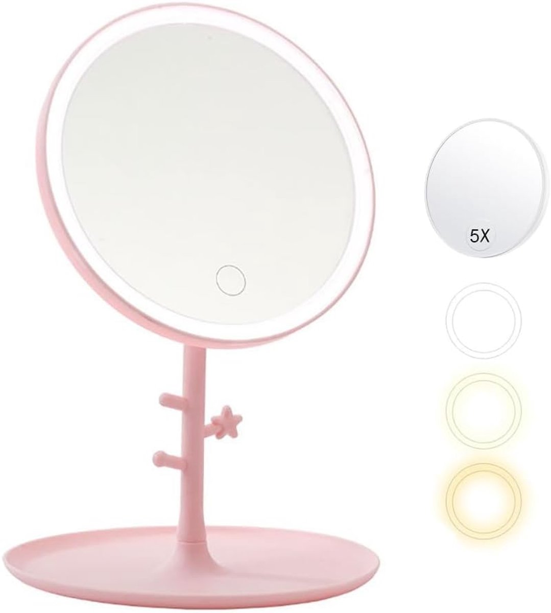 Make-upspiegel met LED-licht - Lichtkleuren en dimbaar - Roze