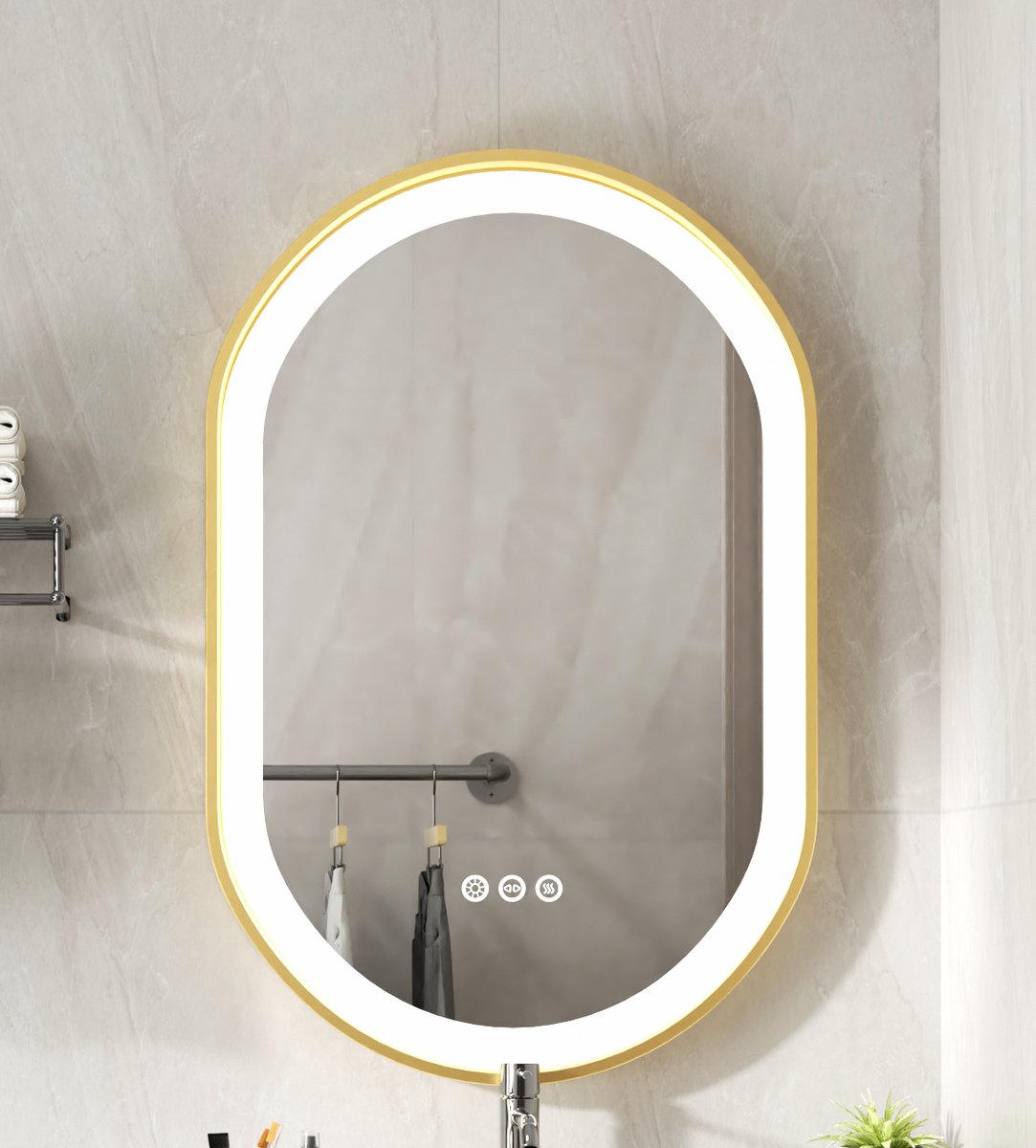 LUVODI LED badkamerspiegel 50x80cm - ovale wandspiegel met gouden frame - dimbare 3-kleuren verlichting - anti-condens - geheugenfunctie - slimme aanraaksensor