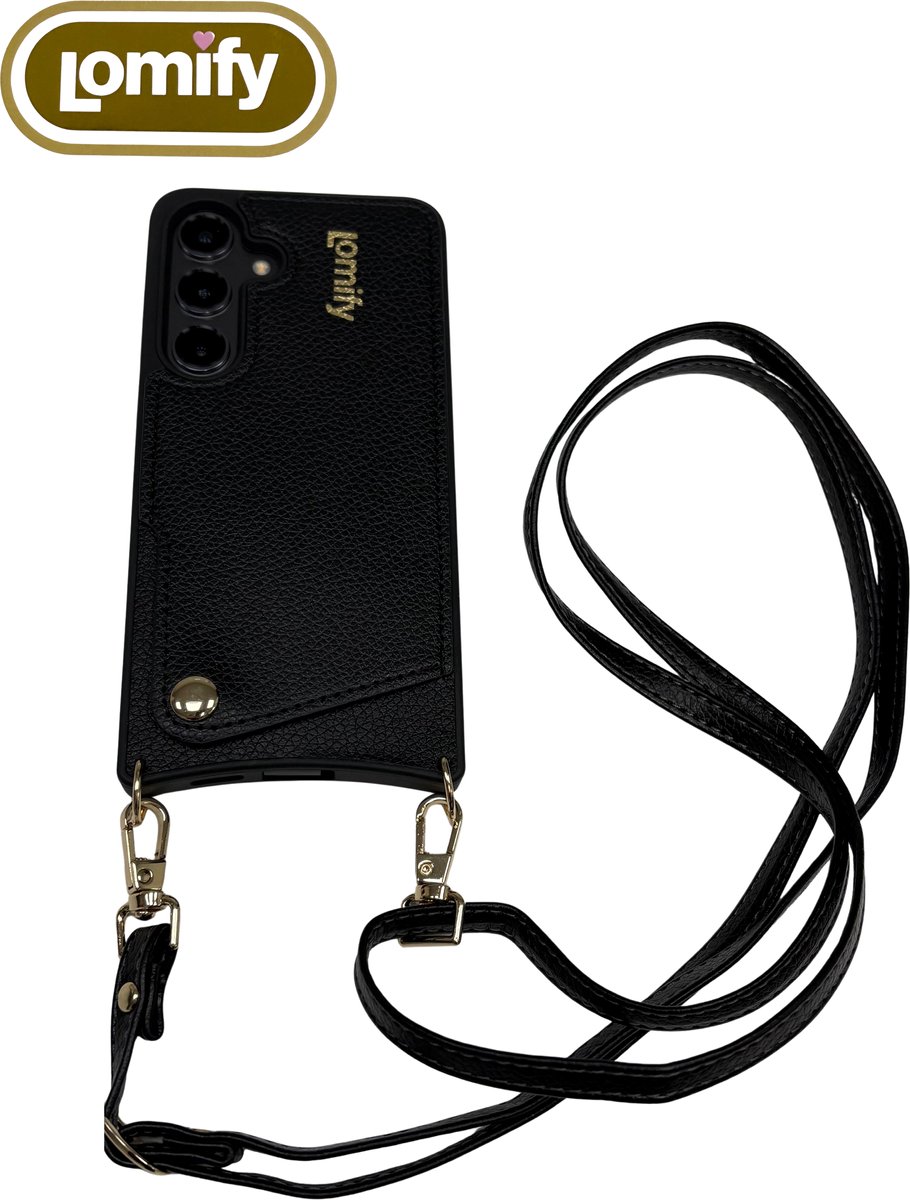 Lomify Corded Case geschikt voor de Samsung Galaxy S24 Plus met pasjeshouder voor 2-3 pasjes incl bijpassende strap, vegan leer Zwart
