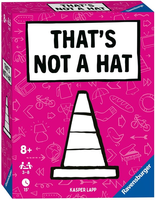Roze speldoos met witte opdruk, de titel 'THAT'S NOT A HAT' staat centraal, met een afbeelding van een verkeerskegel.