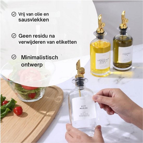 sunal Olijfolieverdeler, set van 4 gouden olie-dispenserflessen voor de keuken, 500 ml/16,9 oz glazen fles met 4 zwaar schenktulpje, 40 waterdichte etiketten, 1 siliconen trechter