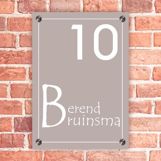 Plaque de porte d'entrée rectangulaire, sur pied, grise avec cadre blanc - 14 x 20 cm - Matériel de fixation en acier inoxydable inclus