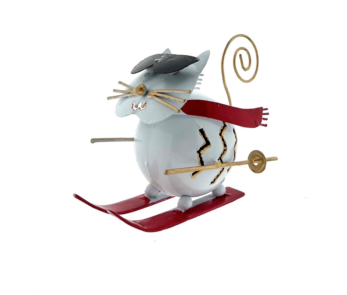 Metalen witte kat Bernie op rode ski's
