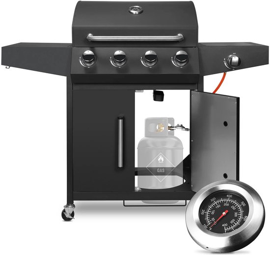Stemily Gas BBQ - 4 Hoofdbranders - 1 Zijbrander - Ingebouwde Thermometer - Zijtafels & Gereedschaphaken - 44x135x136cm