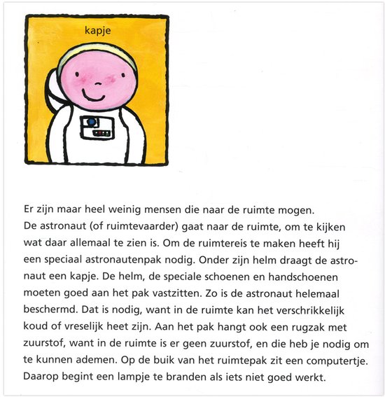 Illustratie van een astronaut met de tekst 'cap' en uitleg over het astronautenpak, helm en zuurstoftank.