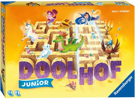 Doosspel Doolhof Junior met paarse letters, een groene draak, eenhoorn, elfjes en uil.