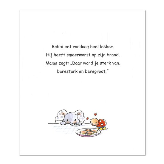 Illustratie uit kinderboek: olifantje kijkt naar boterham met smeerworst, lieveheersbeestje zit ernaast.