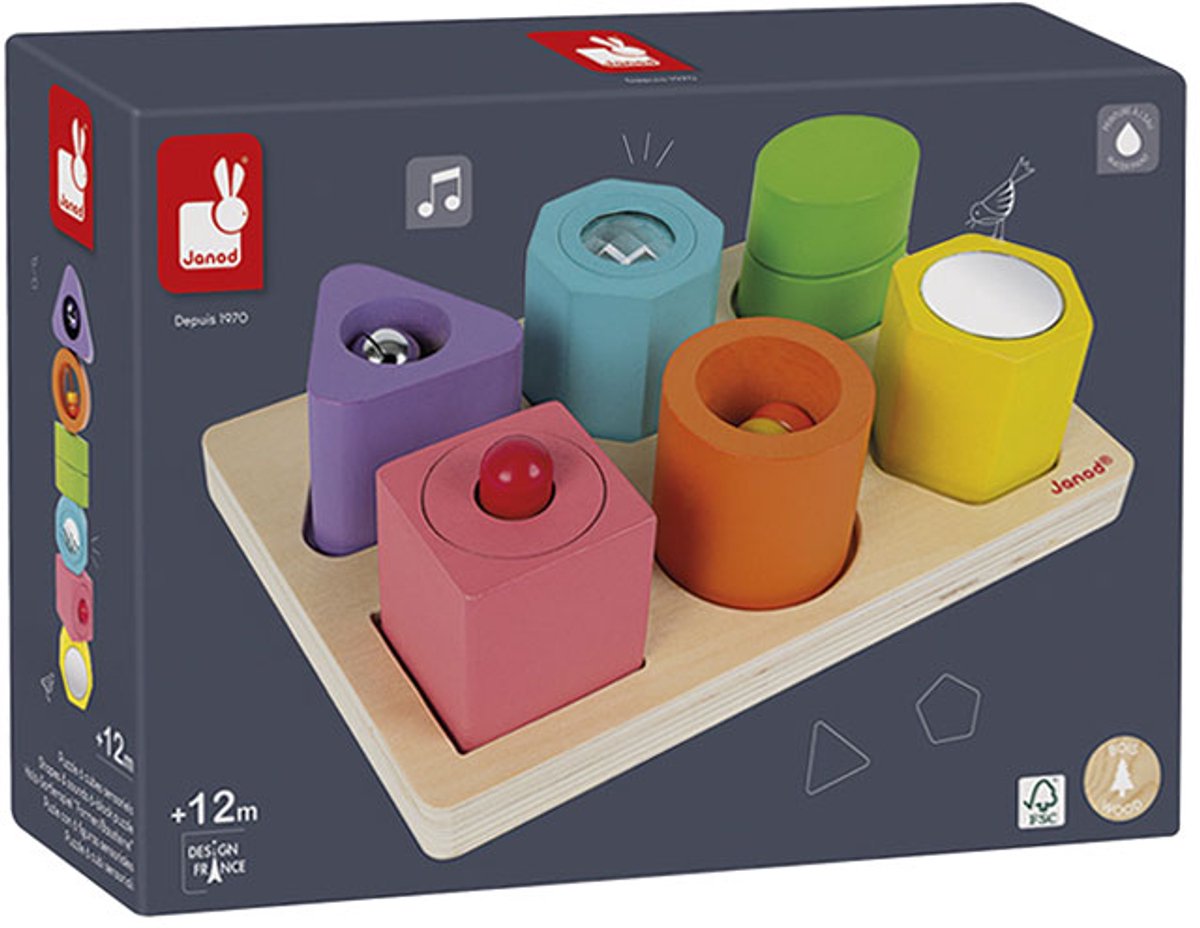 Janod - I Wood - Vorm En Geluid Puzzel - Om De Zintuigen Te Stimuleren - FSC® Houten Blokken En Puzzel - Geschikt Vanaf 1 Jaar