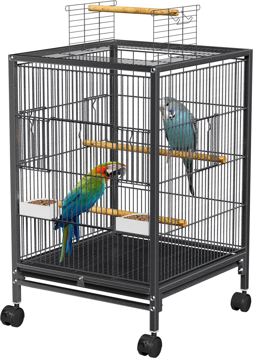 NAIZY Vogelkooi met open dak, 46 x 46 x 91 cm, vogelvolière met 3 zitstangen, 2 voerbakken, afneembaar kookrooster en 360° draaibare wielen, parkeergarenkooi, vogelvolière