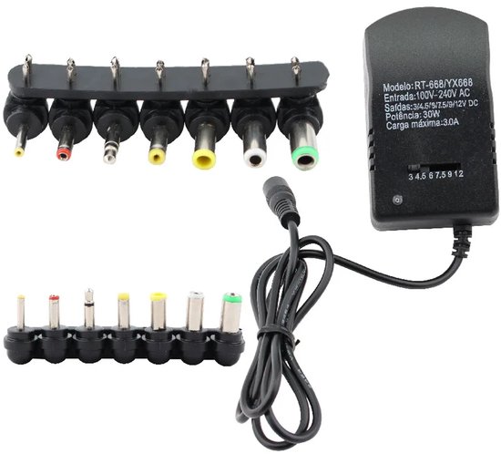 Zwarte adapter en een set van acht verschillende verwisselbare stekkers in een houder.