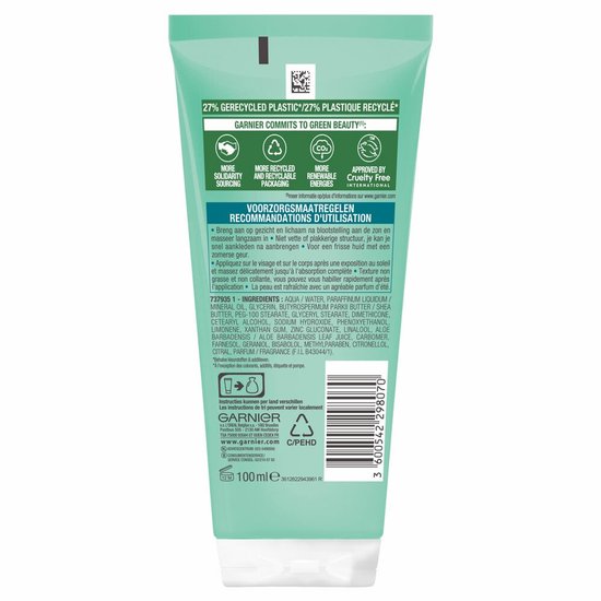 Achterkant Garnier Ambre Solaire aftersun melk. Met 27% gerecycled plastic. Ingrediënten en gebruiksaanwijzing.
