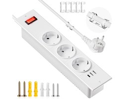StayPowered Inschuifbaar Stopcontact - Netjes & Slim Opladen - 3 Geaarde Stopcontacten - 1 USB-C - 2 USB-A - 1.5m Snoer - Met Hoofdschakelaar - Kabelklemmen Inclusief - 4000W Piekrendement - Veilige Inbouw - Wit - Levering Sneller dan Aangegeven!