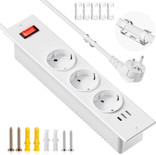 StayPowered Inschuifbaar Stopcontact - Netjes & Slim Opladen - 3 Geaarde Stopcontacten - 1 USB-C - 2 USB-A - 1.5m Snoer - Met Hoofdschakelaar - Kabelklemmen Inclusief - 4000W Piekrendement - Veilige Inbouw - Wit - Levering Sneller dan Aangegeven!