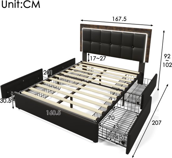 Led-bedframe met verlichting en 4 lades - 160x200 cm - Verstelbaar hoofdeinde - Zwart PU (zonder matras)