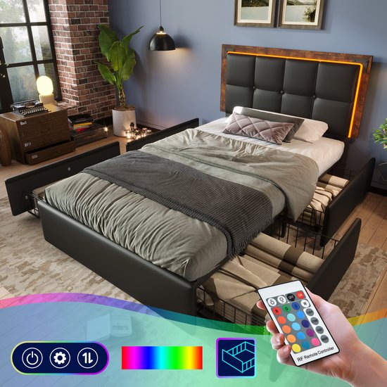 Zwart PU-led-bedframe met verstelbaar hoofdeinde met verlichting, 4 lades en een afstandsbediening.