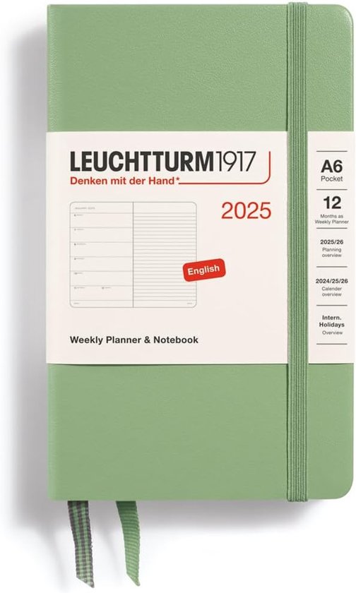 Foto: Pocket a6 weekkalender notitieboek 2025 harde kaft gelinieerd salie