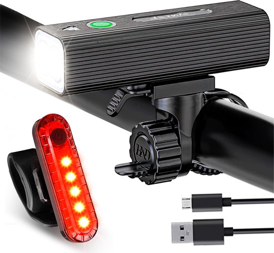 Zwarte fietslamp en rode achterlamp met USB-opladers.