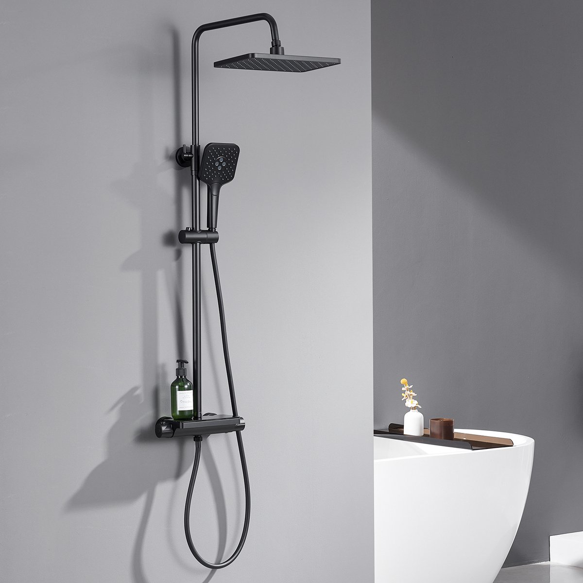 Lonheo Regendouche met Thermostaatkraan - Doucheset Zwart - Regendoucheset - Inclusief thermostaatkraan en planchet Zwart - 10 inch Douchekop