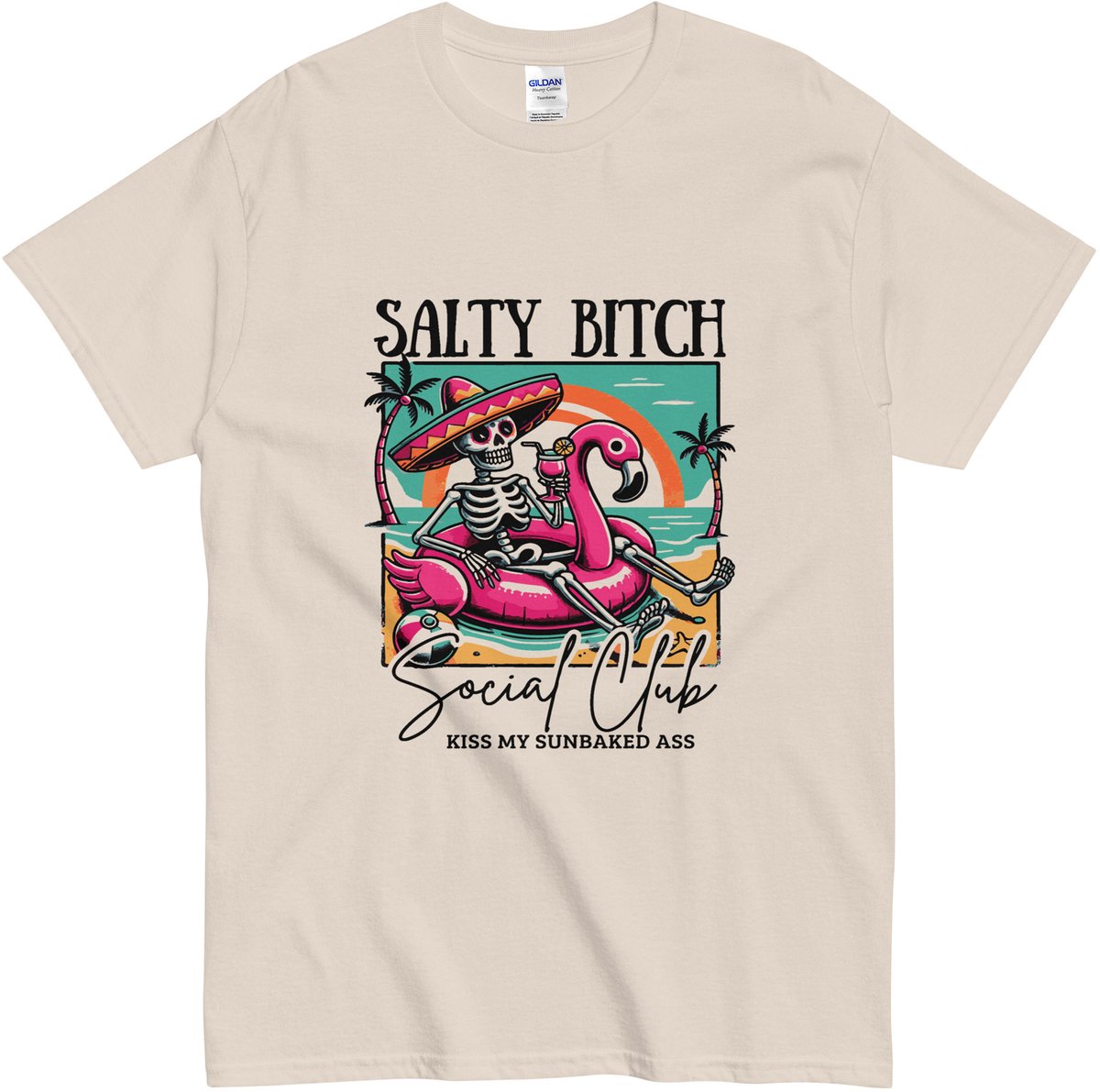Salty Bitch Social Club T-shirt – Shirt met Skelet & Flamingo – Dames en Heren – Funny Beach Vibes - Beige - M