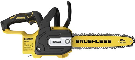 Gele DeWalt accukettingzaag met 30cm zwaard, zwart handvat en 'BRUSHLESS' tekst.