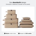Stapel van vijf beige packing cubes, links, en vijf gecomprimeerde cubes, rechts. Reizen zonder chaos.