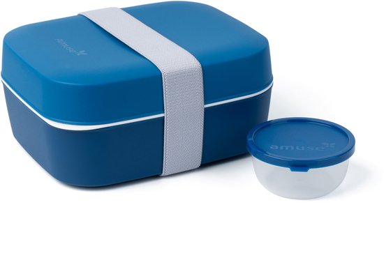 Amuse Boîte à Pain 3 en 1 - Boîte à Lunch - Avec Support et Pot à Sauce - Passe au Lave-Vaisselle, Micro-Ondes et Congélateur - 2 Compartiments - Blauw