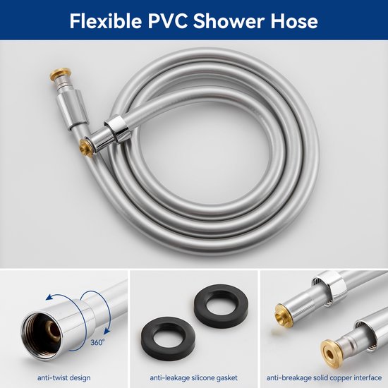 Flexibele PVC douchekop slang in chroom, met anti-twist ontwerp en anti-lek siliconen ring.