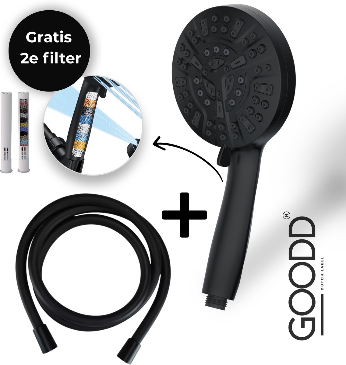 GOODD® - Douchekop - Handdouche - 2 Filters - Douchekop met slang - Zwart - 10 Standen - Regendouche