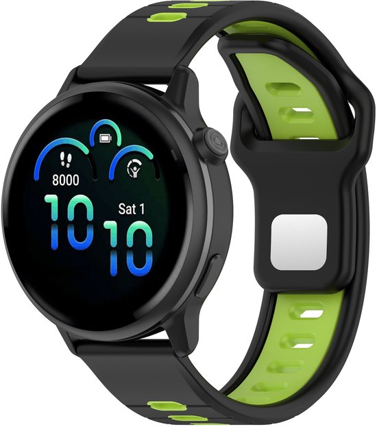 Zwarte smartwatch met neongroene accenten en een digitaal display met stappenteller en tijd.
