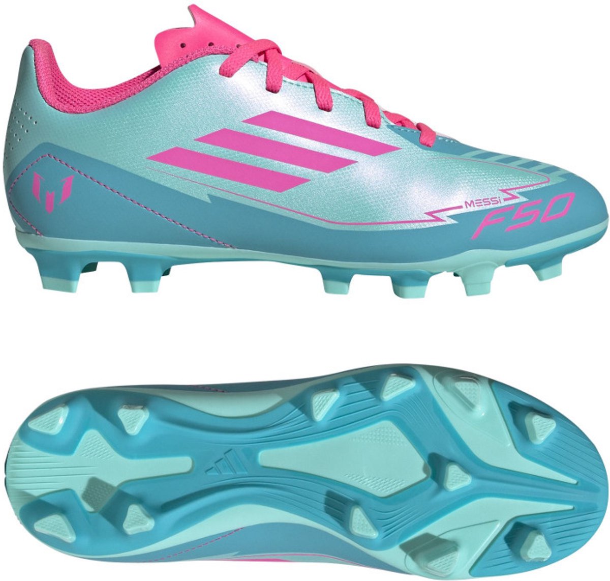ADIDAS F50 Messi Junior voetbalschoenen in turquoise met roze accenten, ontworpen voor firm ground en jongens.