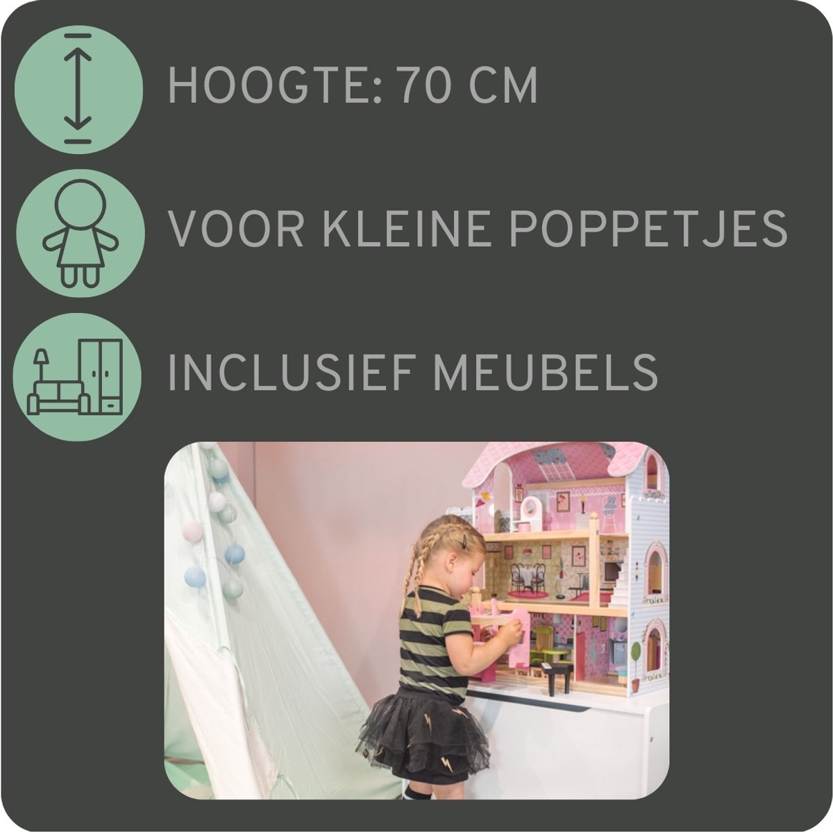 Bandits & Angels Houten Poppenhuis Roze Angels Villa vanaf 3 jaar 70 cm hoog - Inclusief 15 meubeltjes - Poppen Huis - Poppen Speelgoed — afbeelding 2
