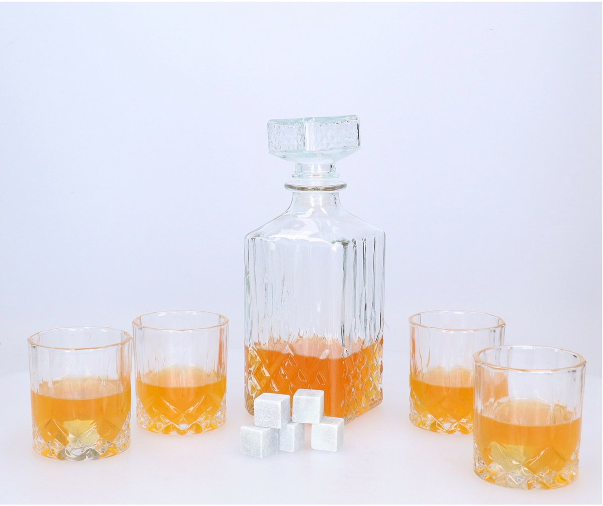Whisky/water karaf cadeau set - 900 ml - incl. 4 glazen en 7x RVS koelstenen