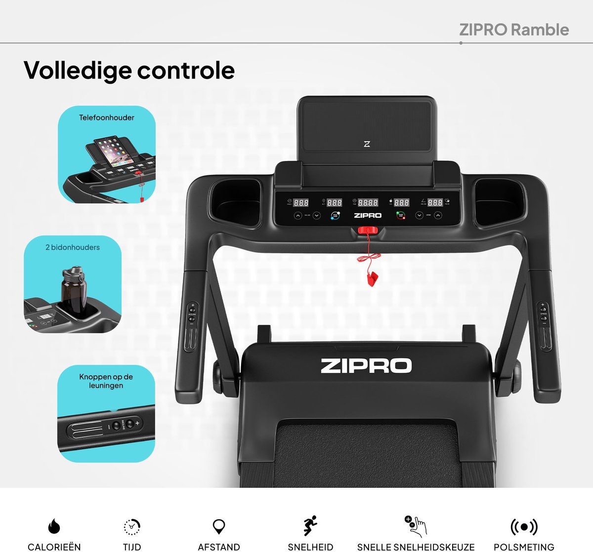 Afbeelding 2 van Zipro® Ramble Elektrische Loopband 1-16 km/h - Wandelband - Cardiotraining - LED-display - 12 Programma’s - Eenvoudig opvouwen naar een verticale positie - Nauwkeurige gegevensmeting - Hartslagmeting