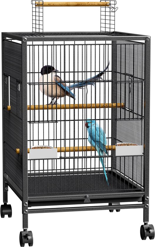 Cage à oiseaux Aufun, cage à perroquets, volière à oiseaux, volière avec roues et toit ouvert, Zwart, 46 x 46 x 91 cm