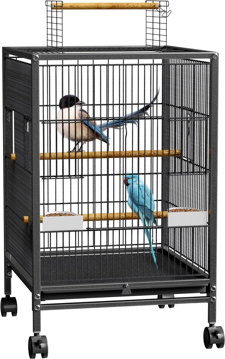 Aufun Vogelkooi Papegaaienkooi Vogelvolière kooi, Volière met wielen en open dak, Zwart, 46 x 46 x 91 cm