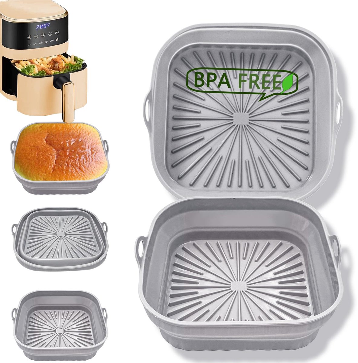 Ibenzoa® Veelzijdige en Herbruikbare Siliconen Bakvormen voor Airfryer en Oven, Set van 2, 20 cm, Opvouwbaar Ontwerp