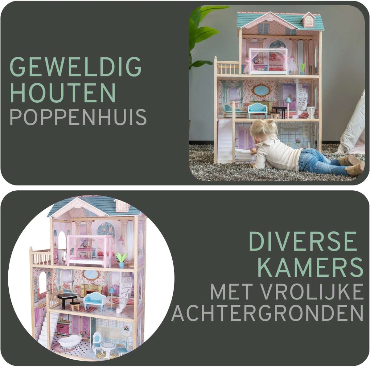 Bandits & Angels Houten Poppenhuis Sweet Country House vanaf 3 jaar 124 cm hoog Roze/Blauw - Inclusief 11 Meubeltjes - Geschikt voor grotere poppen - Poppen Huis - Poppen Meubels — afbeelding 2