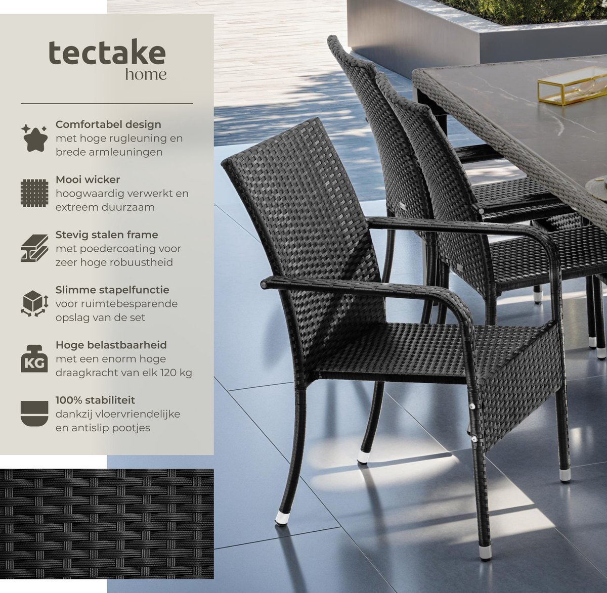 tectake® Tuinstoelen Girona - Terrasmeubilair - Set van 8 - Wicker Tuinstoel met Armleuning - Stapelbaar -Tuinset Stoelen voor Tuin, Terras of Balkon - Draagkracht 120 kg per Stoel - Verkrijgbaar in div. sets – foto 2