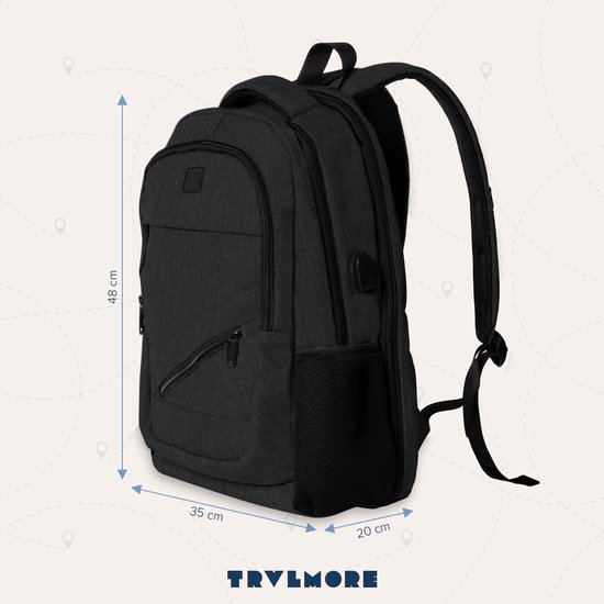 Zwarte TRVLMORE rugzak met afmetingen (48x35x20 cm) en USB-poort.