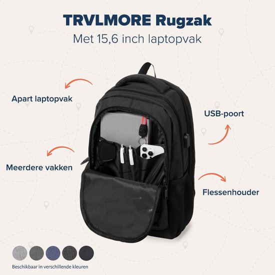 Zwarte TRVLMORE rugzak met open vakken, laptopvak, USB-poort en flessenhouder.