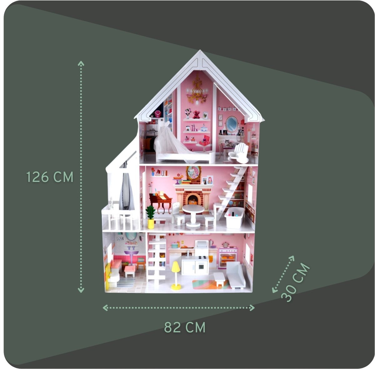 Bandits & Angels Houten Poppenhuis Prinses Roze vanaf 3 jaar 126 cm Hoog - Inclusief 15 Meubeltjes - Poppen Huis - Poppen Meubels — afbeelding 7