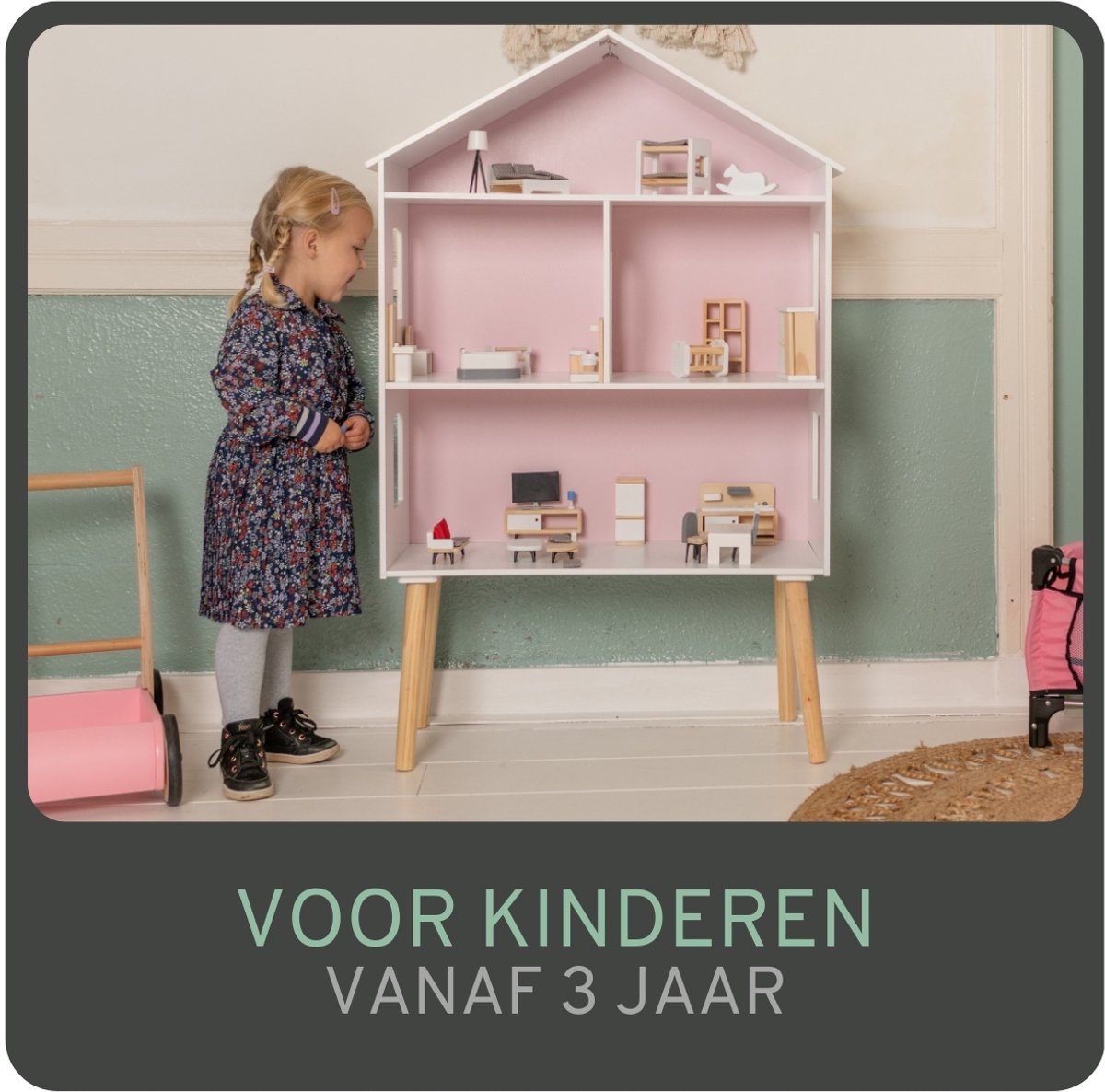 Bandits & Angels Houten Poppenhuis Wit Roze Modern Villa vanaf 3 jaar 115,5 cm hoog - Inclusief 47 meubeltjes - Poppen Huis - Poppen Speelgoed — afbeelding 6